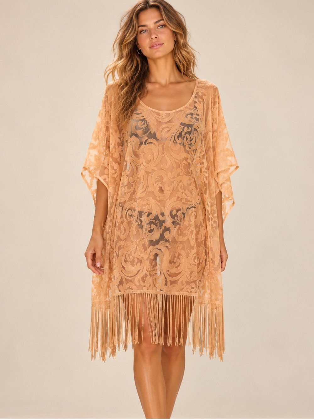 NWT Justin & Taylor One Size Burnout Velvet Fringe Poncho Swim Cover Up